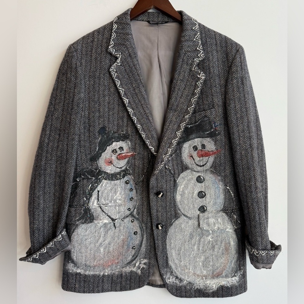 Vintage Hand Painted 100% Wool 42R Blazer Snowman Leather Buttons Herringbone